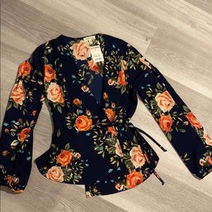 Navy Floral Wrap Blouse